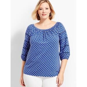 Talbots Top 3X Blue Polka Dot Scoop Neck With Ric Rac Trim Cotton Blend